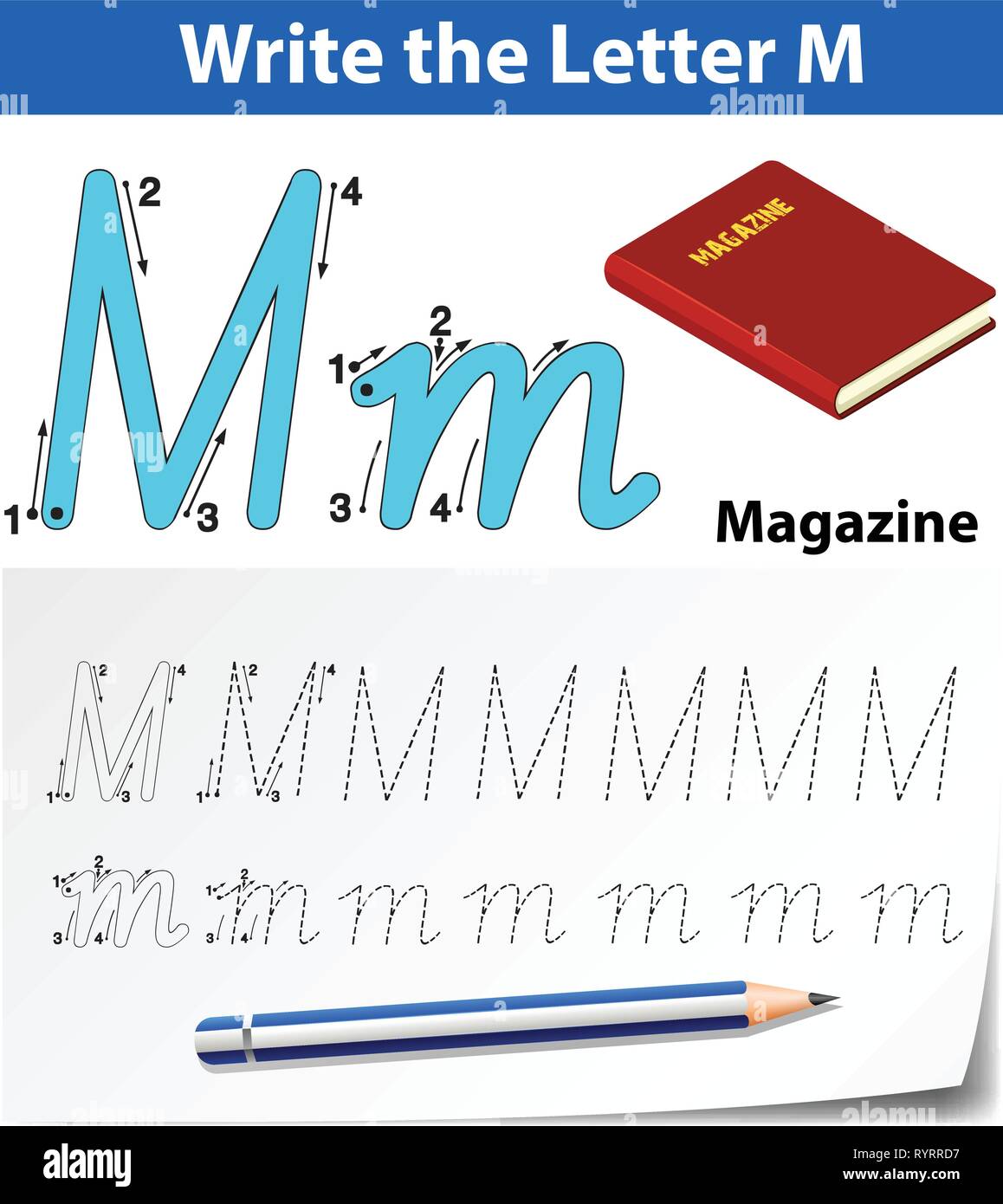 Letter M tracing alphabet worksheets illustration Stock Vector