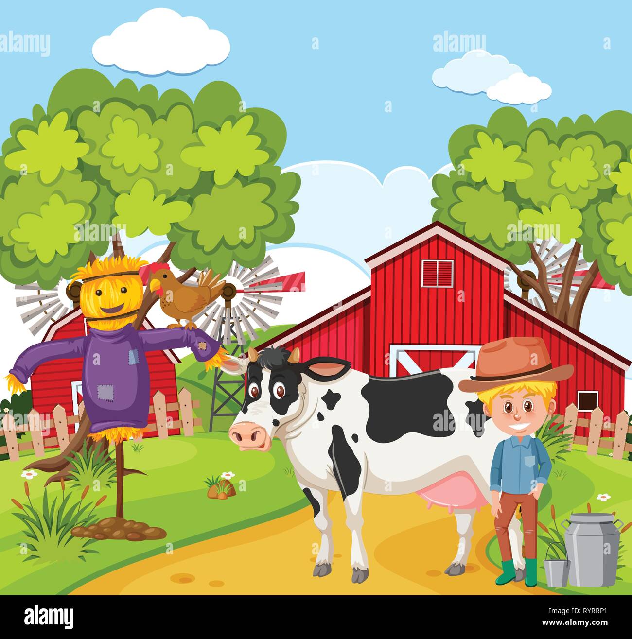 Farmer milking the cow illustration Stock Vector