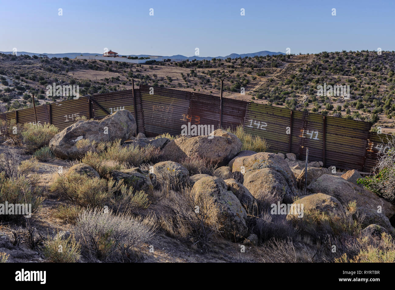 US - Mexico Border Fence, “landing mat“ style construction, Jacumba California, April 2018, Stock Photo