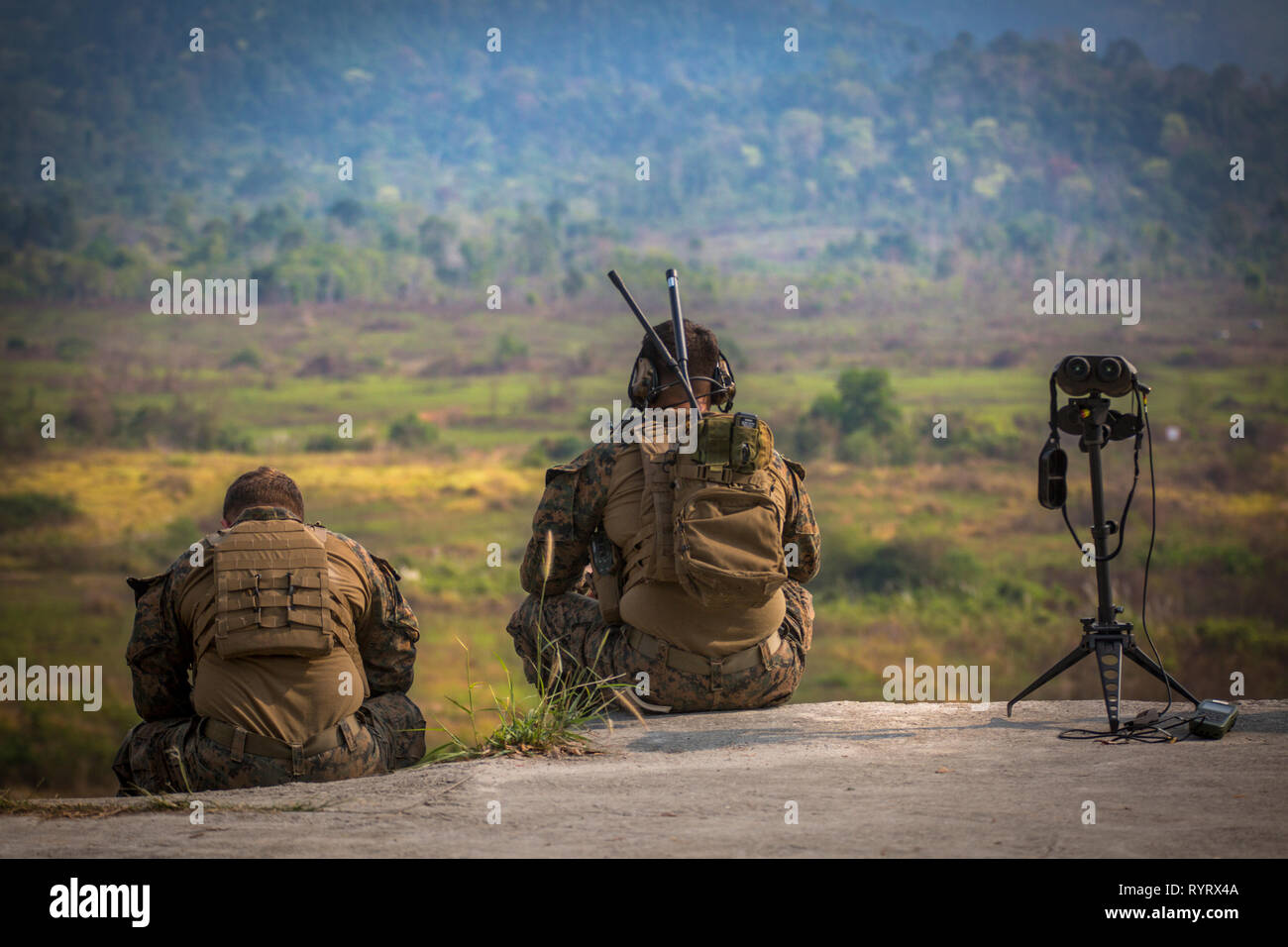 U.S. Marine aircraft, artillery, tanks and Marine Corps and Royal Thai Infantry conduct join training on Camp Ban Chan Krem, Royal Kingdom of Thailand, Feb. 12, 2019. U.S. Marines with Marine Wing Support Squadron 172, Marine Light Attack Helicopter Squadron 267, 1st Marine Aircraft Wing, and 4th Tank Battalion conducted joint live fire training with Marine Corps Infantry and Royal Thai Infrantry. This training displayed our strength and cohesion during combat simulated situations. Cobra Gold is a Thailand and United States co-sponsored Combined Joint Task Force and joint theatre security oper Stock Photo