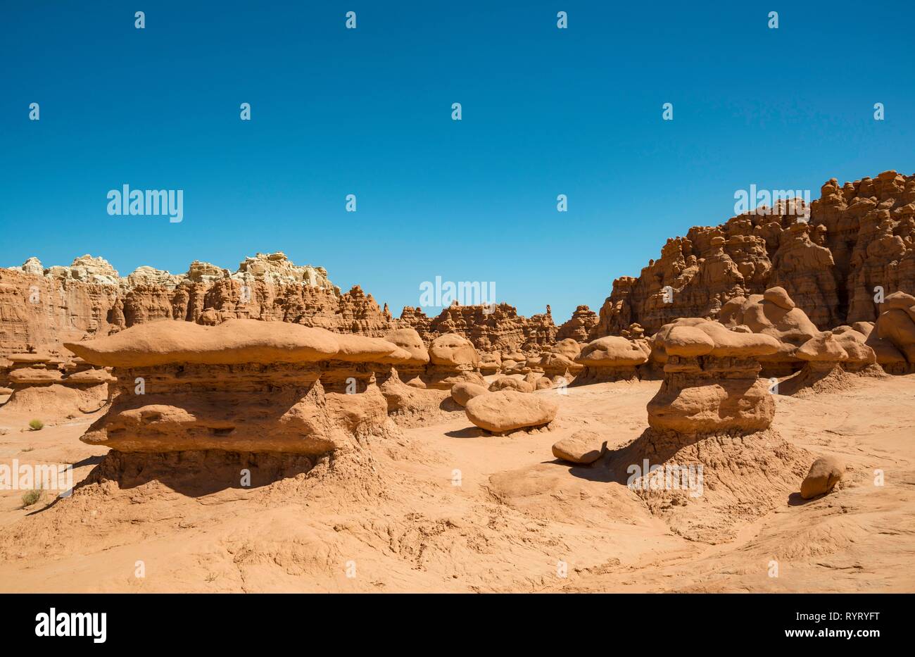 Eroded Hoodoos, Entrada Sandstone Rock Formation, Goblin Valley State Park, San Rafael Reef, Utah, Southwest, USA Stock Photo