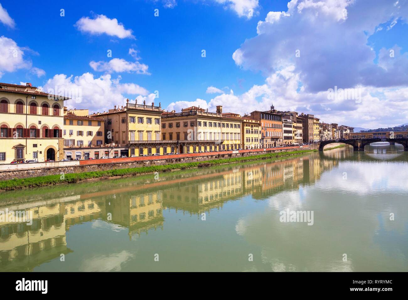 Florence old district on Arno river including Santa Trinita and Ponte Vecchio bridges, Florence, Tuscany, Italy Stock Photo