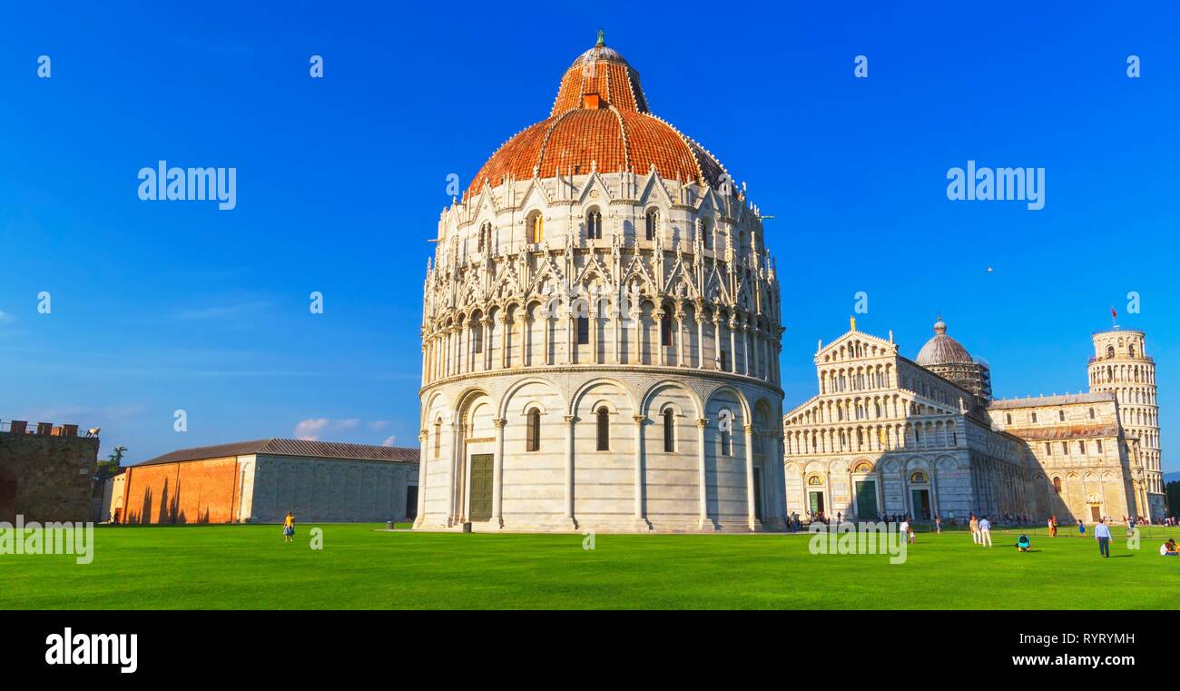Baptistery, Cathedral and Leaning Tower, Campo dei Miracoli, Pisa, Tuscany, Italy Stock Photo