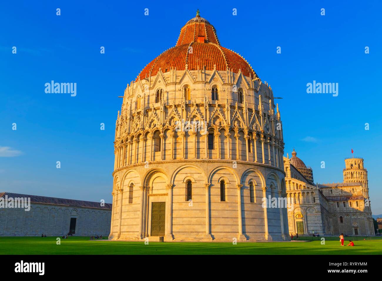 Baptistery, Cathedral and Leaning Tower, Campo dei Miracoli, Pisa, Tuscany, Italy Stock Photo