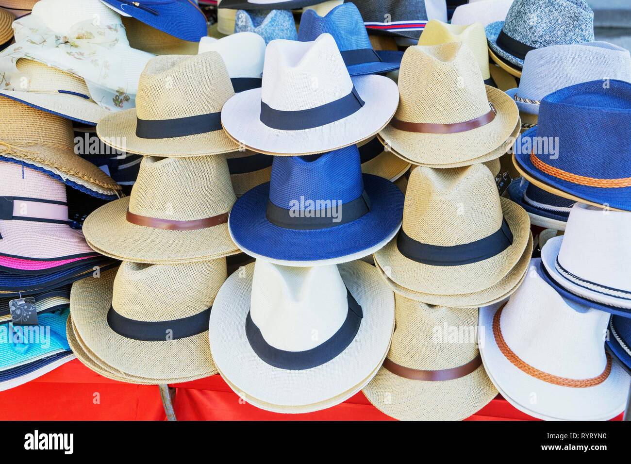 Sun hats for Sale, Tuscany, Italy Stock Photo