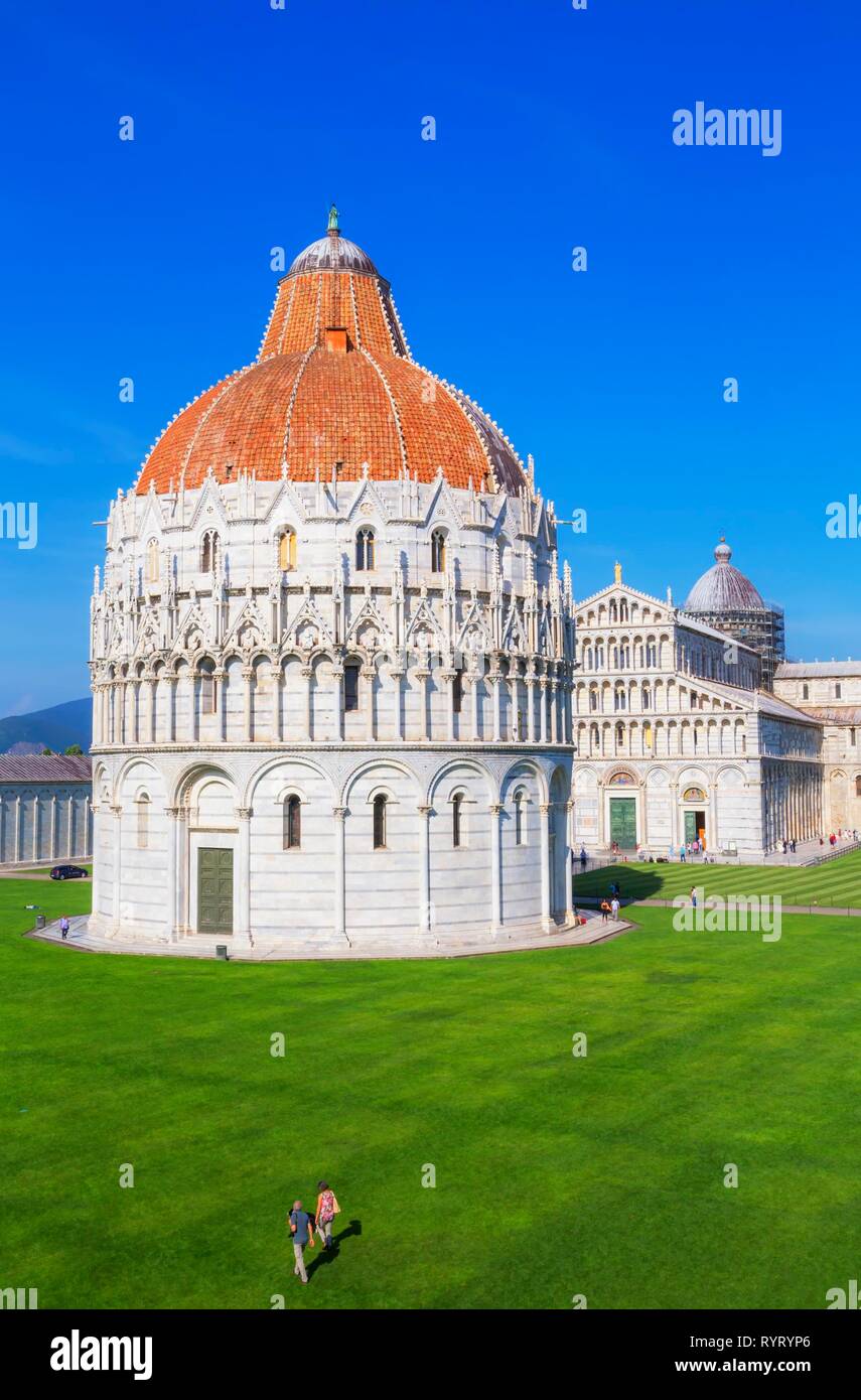 Baptistery, Cathedral and Leaning Tower, Campo dei Miracoli, Pisa, Tuscany, Italy Stock Photo