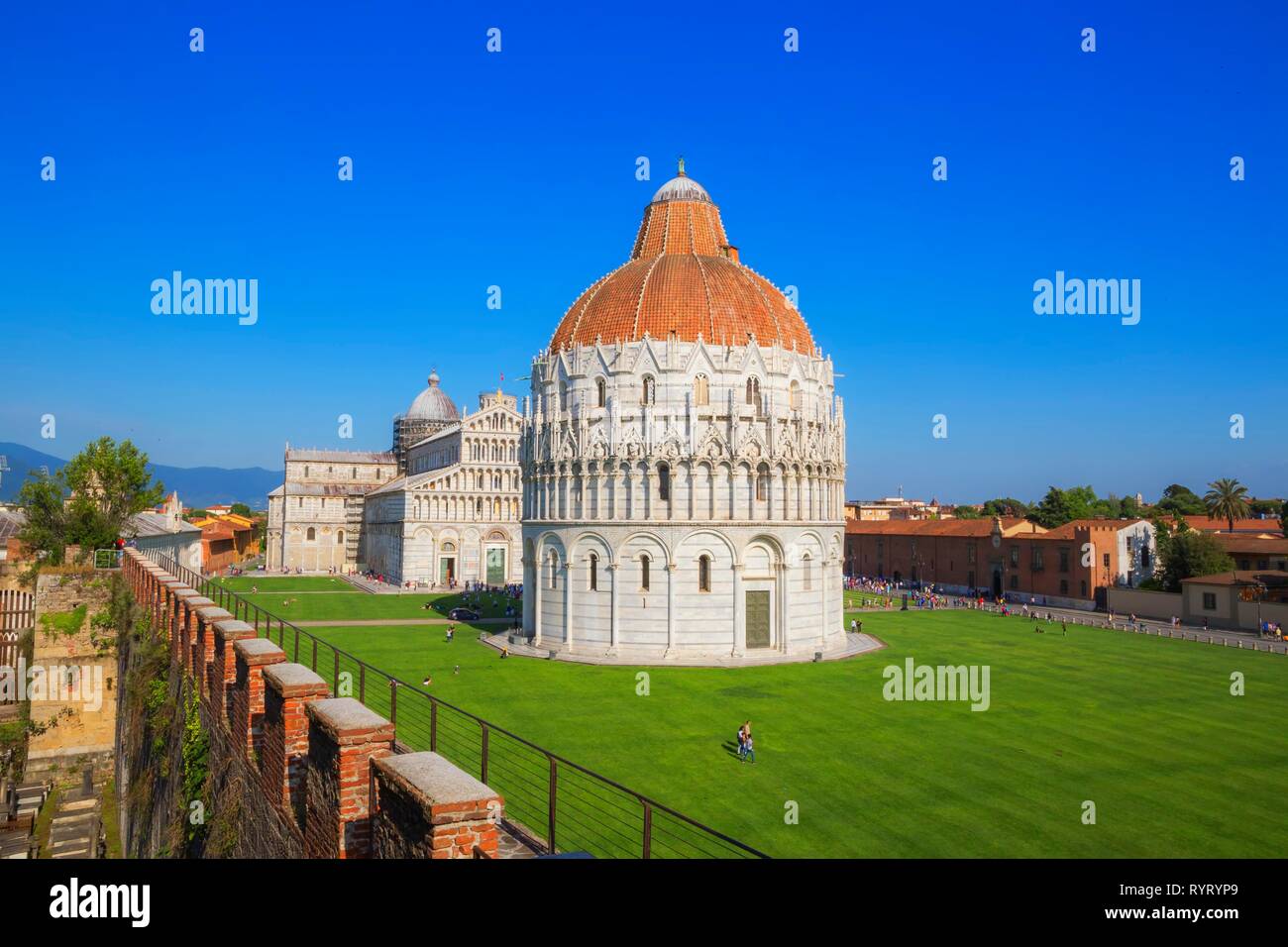 Baptistery and Cathedral, view from Pisa defensive walls, Campo dei Miracoli, Pisa, Tuscany, Italy Stock Photo