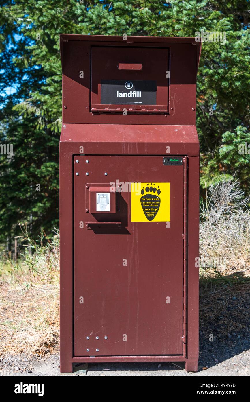 Be Bear Aware, bear safe trash can, Grand Teton National Park, Wyoming, USA Stock Photo