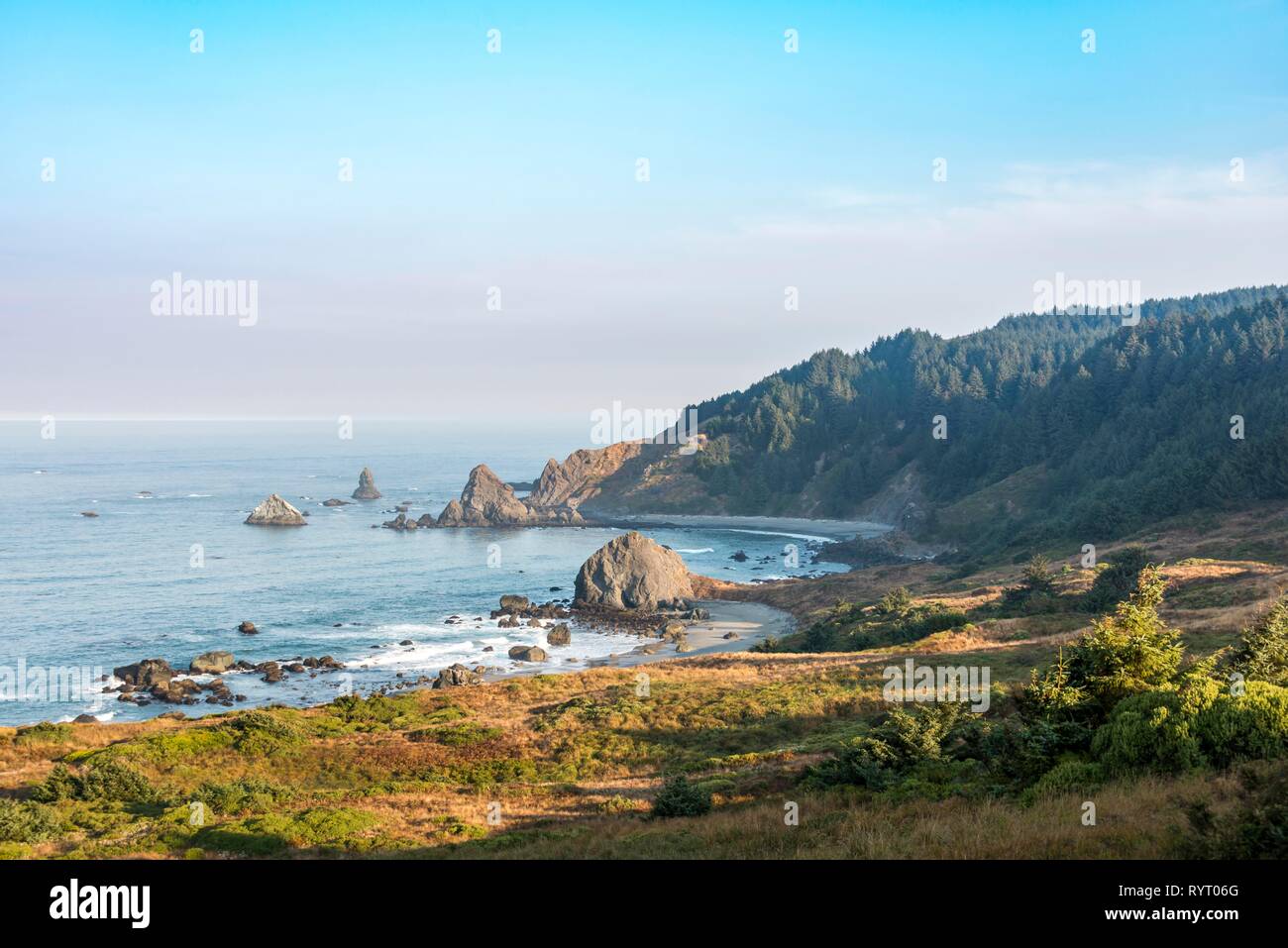 Coastal landscape with many rugged rock islands, Whaleshead, Samuel H. Boardman State Scenic Corridor, Oregon, USA Stock Photo