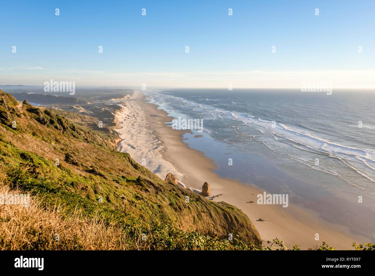 View over Baker Beach, coastal landscape with long sandy beach and dunes, Oregon Coast Highway
