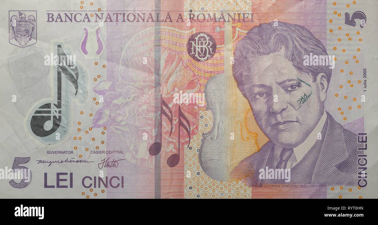 Front banknote, Romanian banknote 5 Lei, Romania Stock Photo