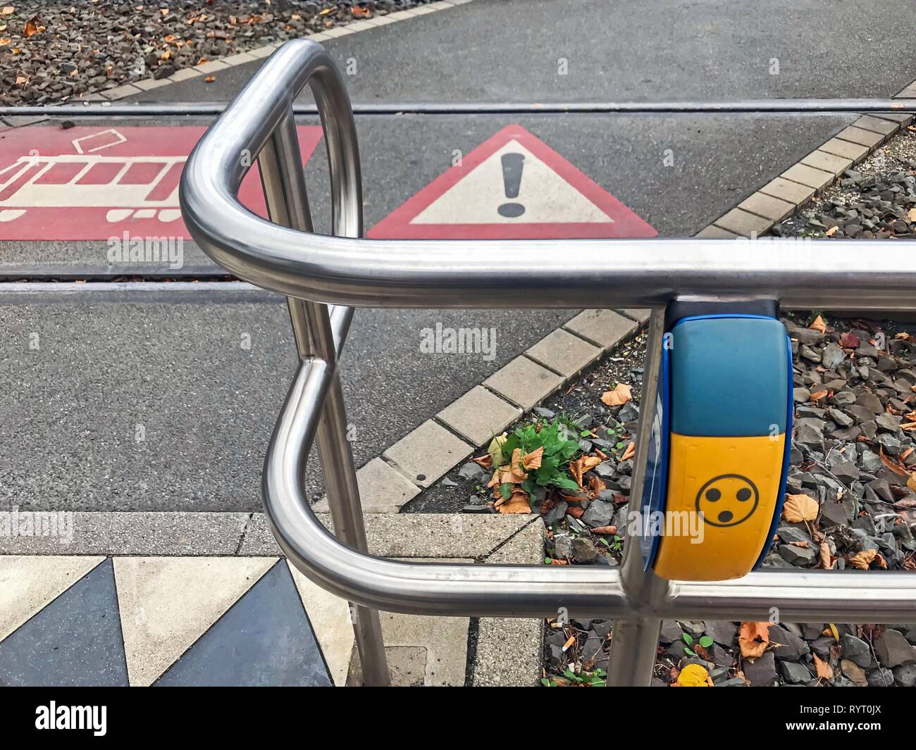 Warning signal for the visually impaired at the tram crossing, Germany Stock Photo