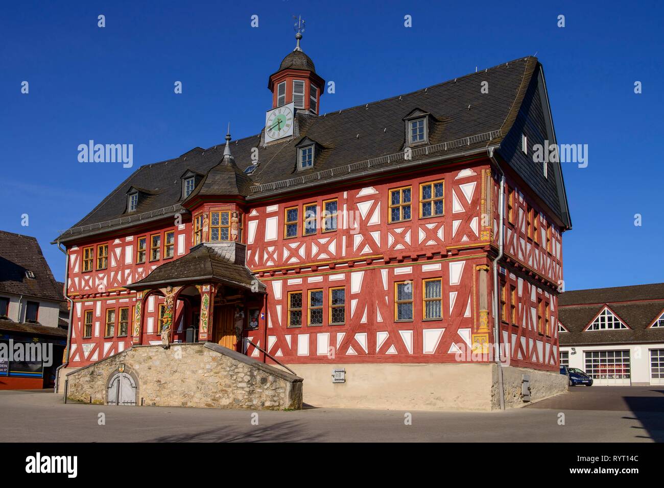 Town hall, half-timbered house from 1639, Untermarkt, Hadamar, Hesse, Germany Stock Photo