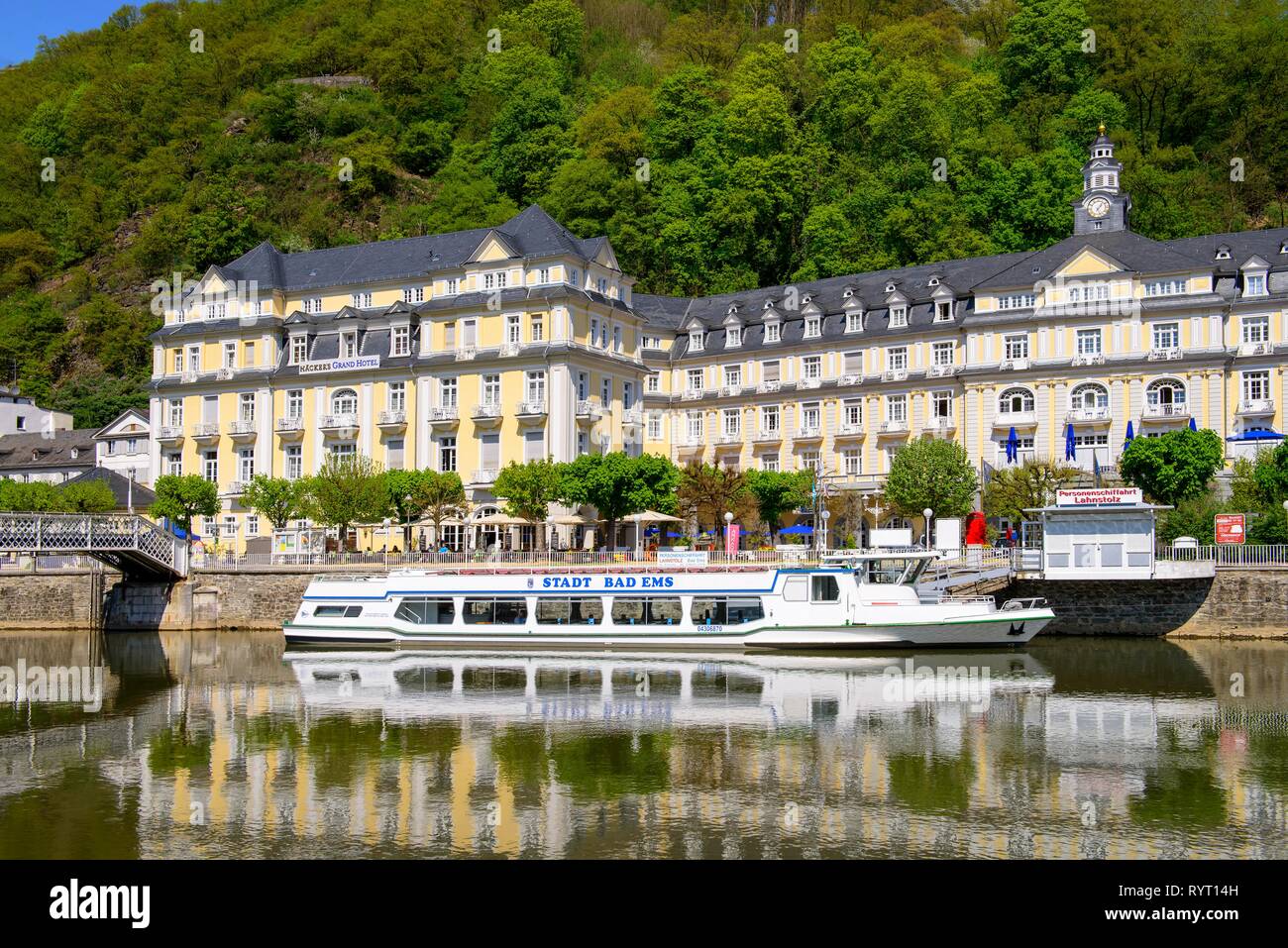 Passenger ship at mooring in front of Grand Hotel, Bad Ems an der Lahn, Rhineland-Palatinate, Germany Stock Photo