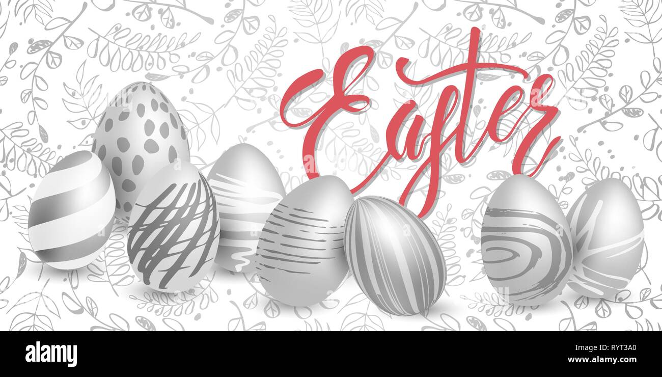 Easter holiday composition with realistic silver eggs and decorative pattern. Vector illustration. Stock Vector