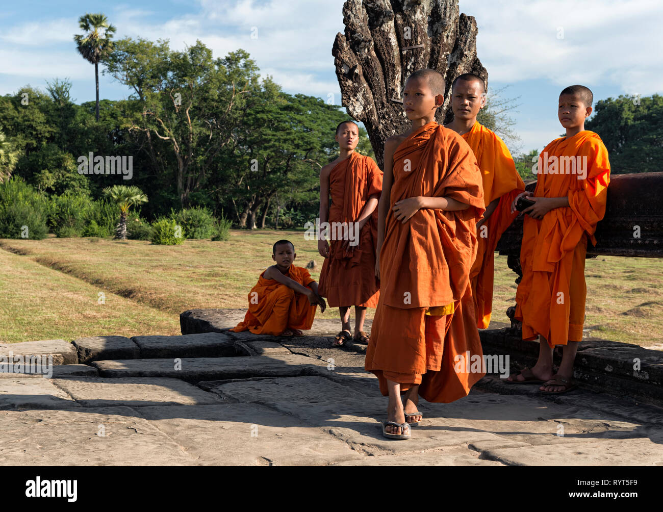 Group of young Buddhist monks at Angkor Wat in Siem Reap Stock Photo
