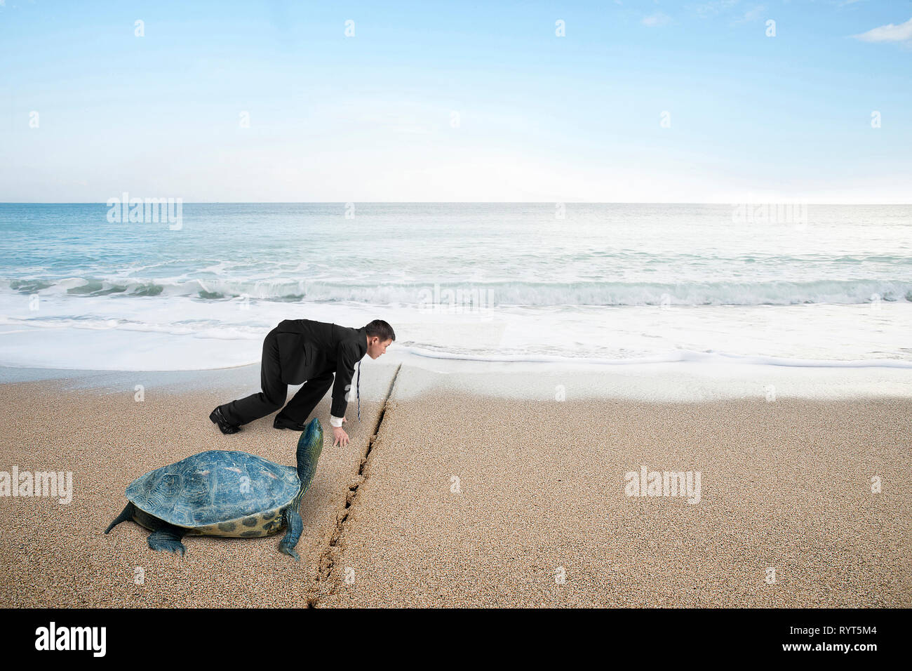 Businessman and turtle are ready to race on sand beach with natural sea ...