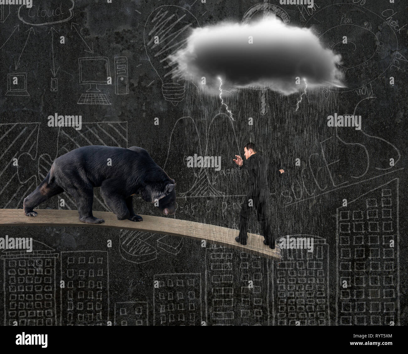 Businessman against black bear balancing on plank with gray cloud raining lightning and doodles wall background Stock Photo