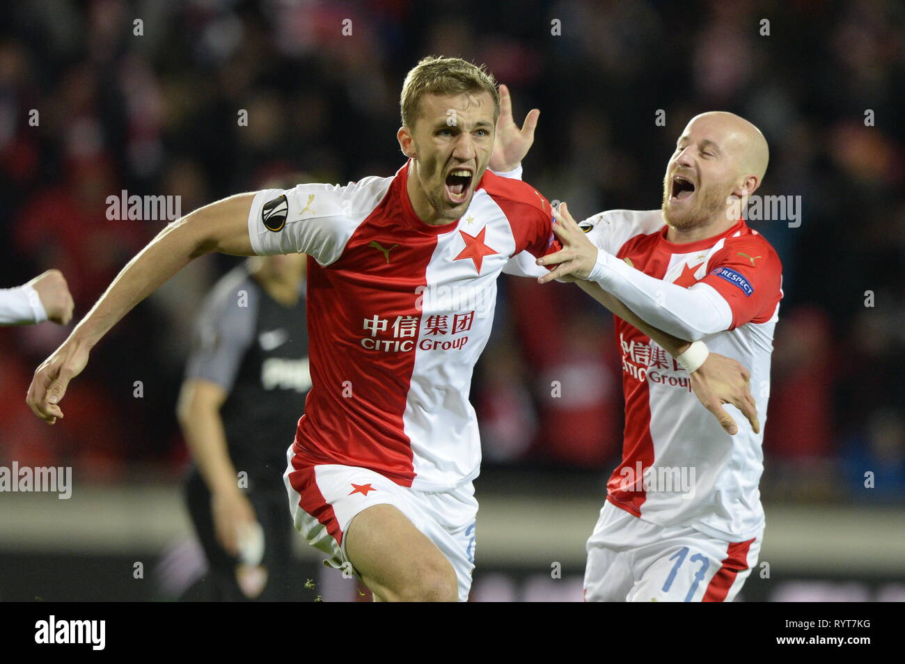 Prague, Czech Republic. 14th Apr, 2019. Tomas Soucek (Slavia) celebrates  his goal during the Czech first soccer league (Fortuna Liga), 28th round,  match SK Slavia Praha vs AC Sparta Praha, on April