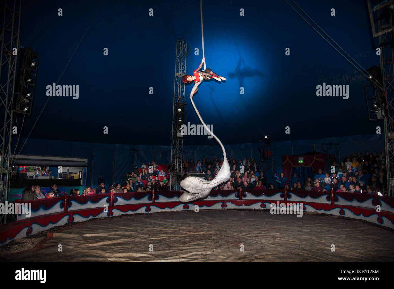 Carrigaline, Cork, Ireland. 14th March, 2019. Talia Hawker performs on the aerial silks during her performance at Circus Gerbola  which is performing until Monday in Carrigaline, Co. Cork, Ireland. Credit: David Creedon/Alamy Live News Stock Photo