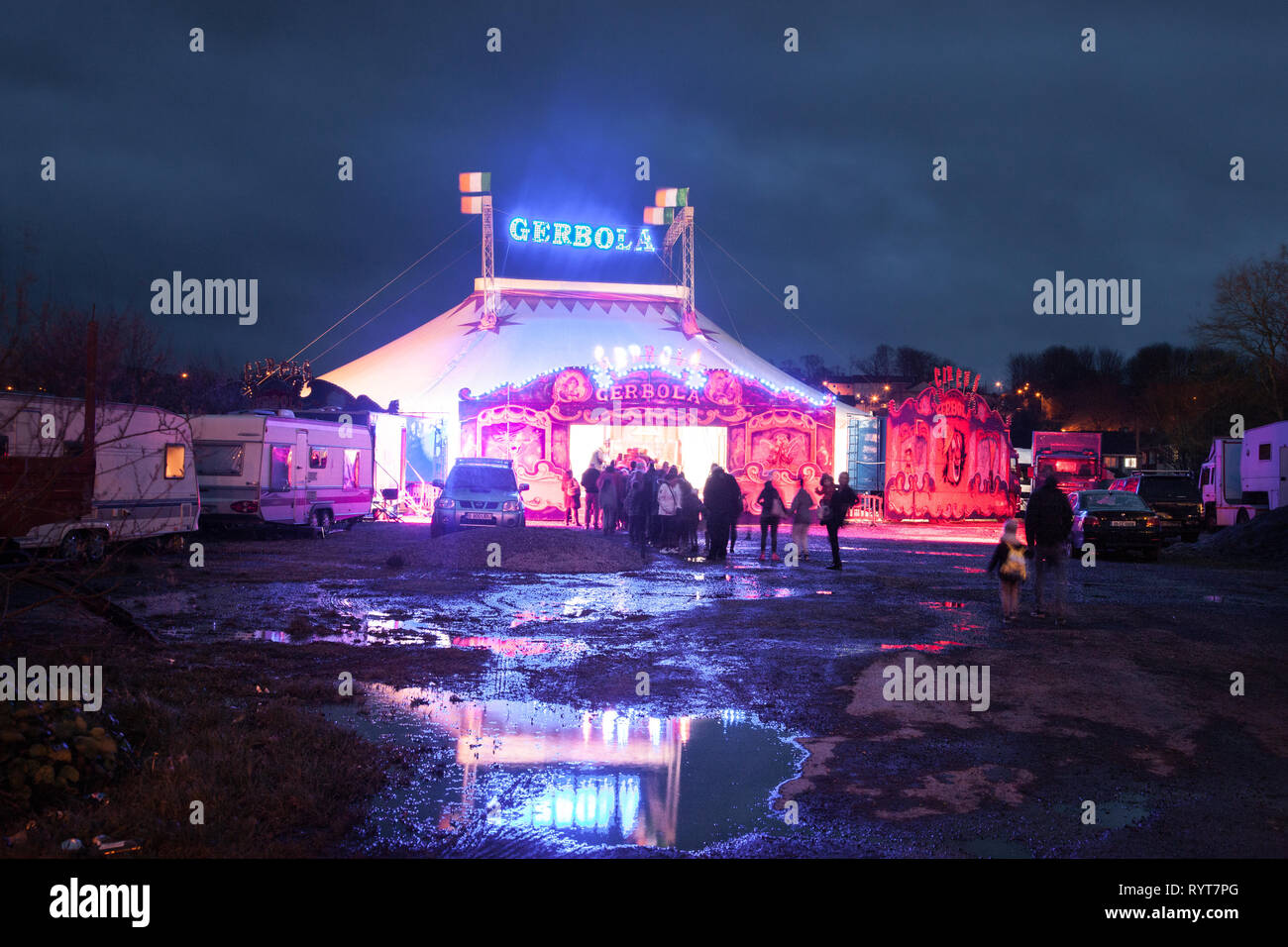 Carrigaline, Cork, Ireland. 14th March, 2019. Audence members queue for entrance to the Big Top  which is performing until Monday in Carrigaline, Co. Cork, Ireland. Credit: David Creedon/Alamy Live News Stock Photo