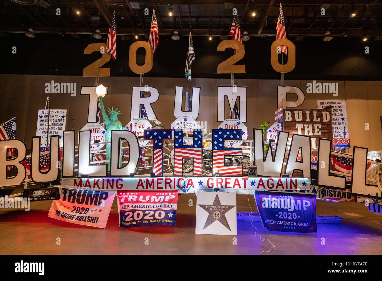 Detroit, Michigan USA - 14 March 2019 - A Trump 2020 Build the Wall float was displayed at a public meeting to promote construction of a wall along the Mexican border. The 'We Build the Wall' event promoted an organization of the same name that is trying to raise individual contributions to fund wall construction. Credit: Jim West/Alamy Live News Stock Photo