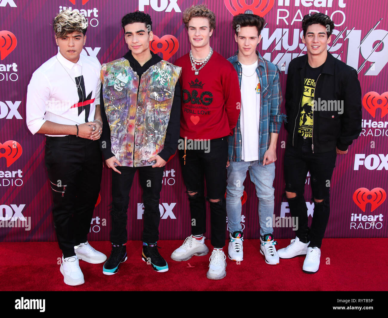LOS ANGELES, CA, USA - MARCH 14: Sergio Calderon, Drew Ramos, Brady Tutton, Michael Conor and Chance Perez of In Real Life arrive at the 2019 iHeartRadio Music Awards held at Microsoft Theater at L.A. Live on March 14, 2019 in Los Angeles, California, United States. (Photo by Xavier Collin/Image Press Agency) Stock Photo