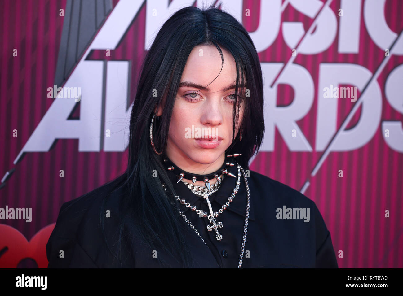 LOS ANGELES, CA, USA - MARCH 14: Singer Billie Eilish arrives at the 2019 iHeartRadio Music Awards held at Microsoft Theater at L.A. Live on March 14, 2019 in Los Angeles, California, United States. (Photo by Xavier Collin/Image Press Agency) Stock Photo