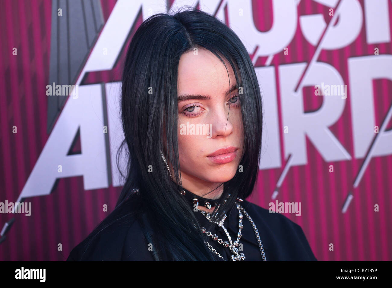 LOS ANGELES, CA, USA - MARCH 14: Singer Billie Eilish arrives at the 2019 iHeartRadio Music Awards held at Microsoft Theater at L.A. Live on March 14, 2019 in Los Angeles, California, United States. (Photo by Xavier Collin/Image Press Agency) Stock Photo