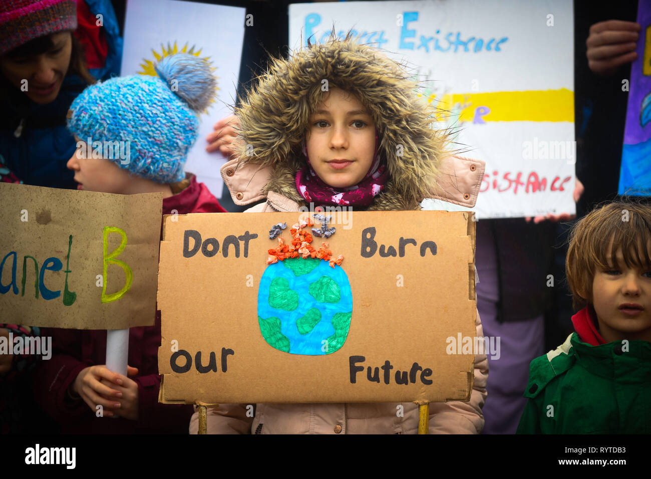 Swansea, Wales, UK. 15th March 2019 Pictured are students and children marching through the steet's of the city of Swansea in South Wales, UK, in the latest climate change protests. Inspired by 16-year-old environmental activist Greta Thunberg, who has accused world leaders of not doing enough to prevent climate change, youngster have taken to the streets in the UK and across the world to try and highlight the cause for positive action regarding climate change. Robert Melen/Alamy Live News. Stock Photo