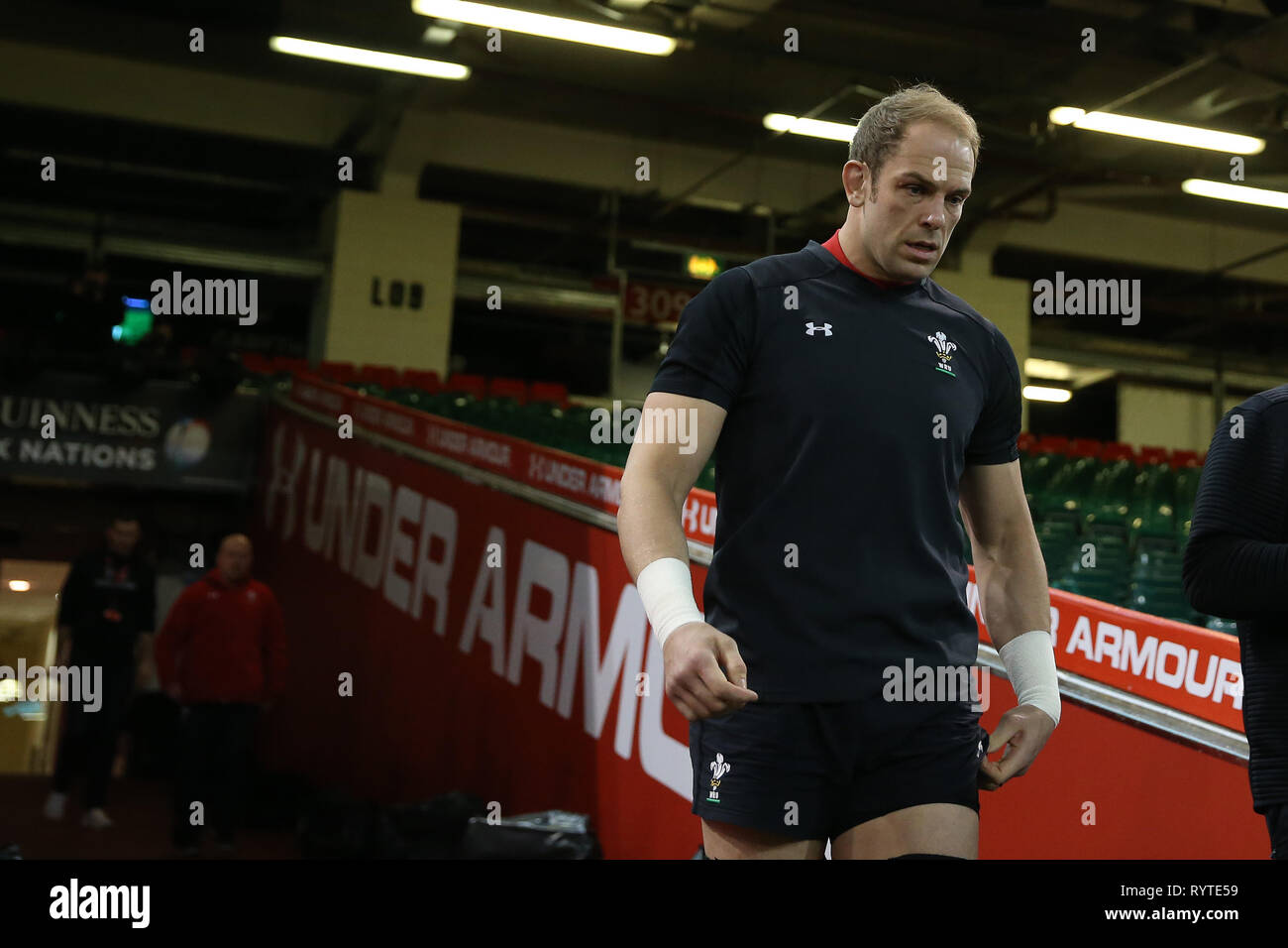 Cardiff, Wales, UK. 15th March, 2019. Wales rugby team captain Alun Wyn Jones arrives for  the Wales rugby team captains run at the Principality Stadium in Cardiff , South Wales on Friday 15th March 2019.  the team are preparing for their final Guinness Six nations 2019 match against Ireland tomorrow.   pic by Andrew Orchard/Alamy Live News Stock Photo