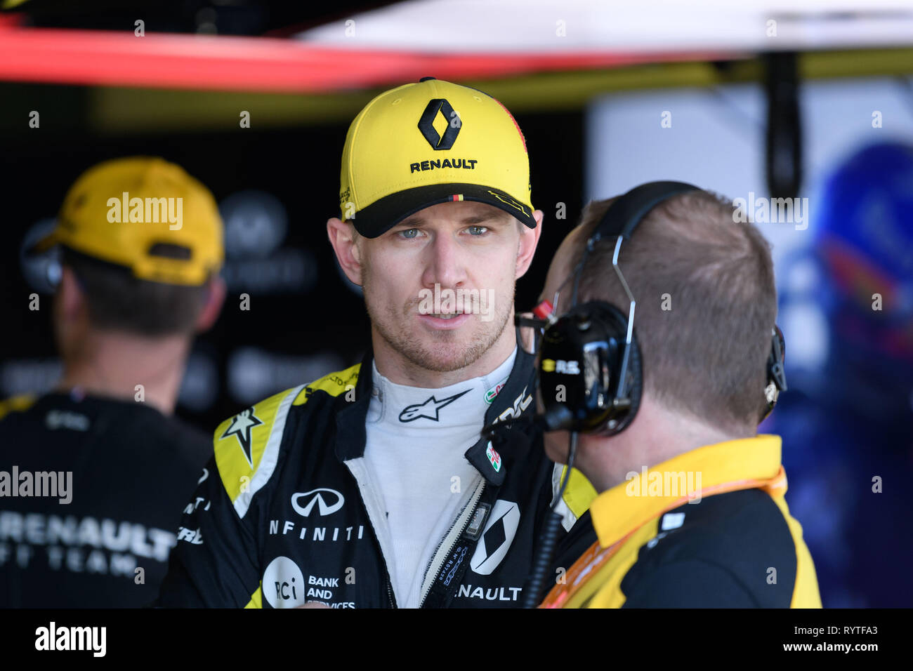 Albert Park, Melbourne, Australia. 15th Mar, 2019. Nico Hulkenberg (DEU) #27 from the Renault F1 Team in the garage during practice session two at the 2019 Australian Formula One Grand Prix at Albert Park, Melbourne, Australia. Sydney Low/Cal Sport Media/Alamy Live News Stock Photo