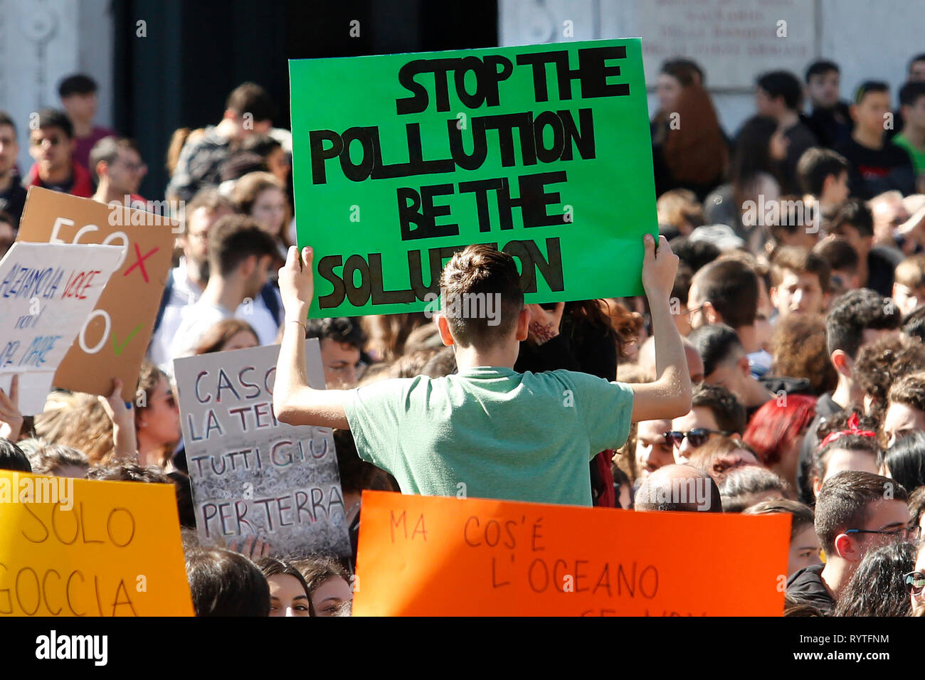 Rome, Italy. 15th Mar, 2019. Banner: stop the pollution be the solution ...