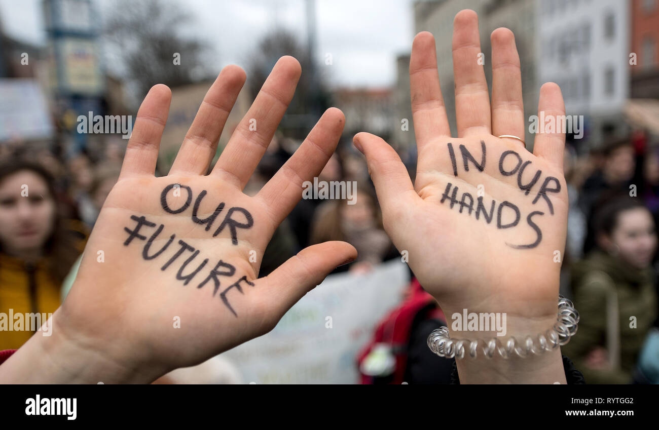 Halle Germany 15 March 19 Saxony Anhalt Halle Saale During The Demo Fridays For Future In The Centre Of Halle Saale A Student Shows Her Hands With The Inscription Our Future In Our Hands Halle Germany 15 March 19 Saxony Anhalt Halle Saale During The Demo Fridays For Future In The Centre Of Halle Saale A Student Shows Her Hands With The Inscription Our Future In Our Hands