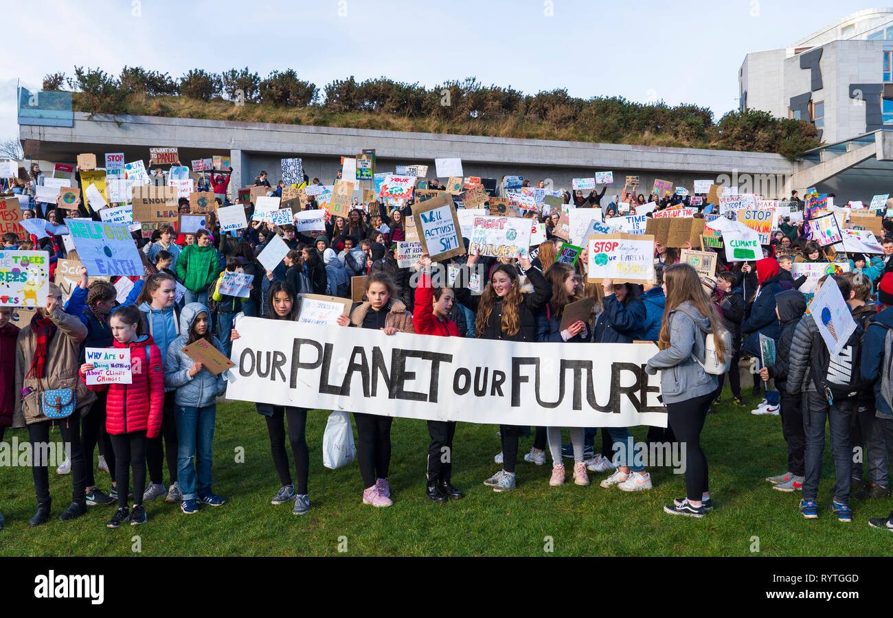 Edinburgh, Scotland, UK. 15th Mar, 2019. Students and school children who controversially are on strike from school take part in a School Strike 4 Climate demonstration outside the Scottish Parliament in Holyrood, Edinburgh. Credit: Iain Masterton/Alamy Live News Stock Photo