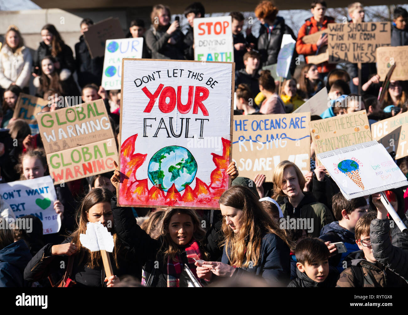 Edinburgh, Scotland, UK. 15th Mar, 2019. Students and school children who controversially are on strike from school take part in a School Strike 4 Climate demonstration outside the Scottish Parliament in Holyrood, Edinburgh. Credit: Iain Masterton/Alamy Live News Stock Photo