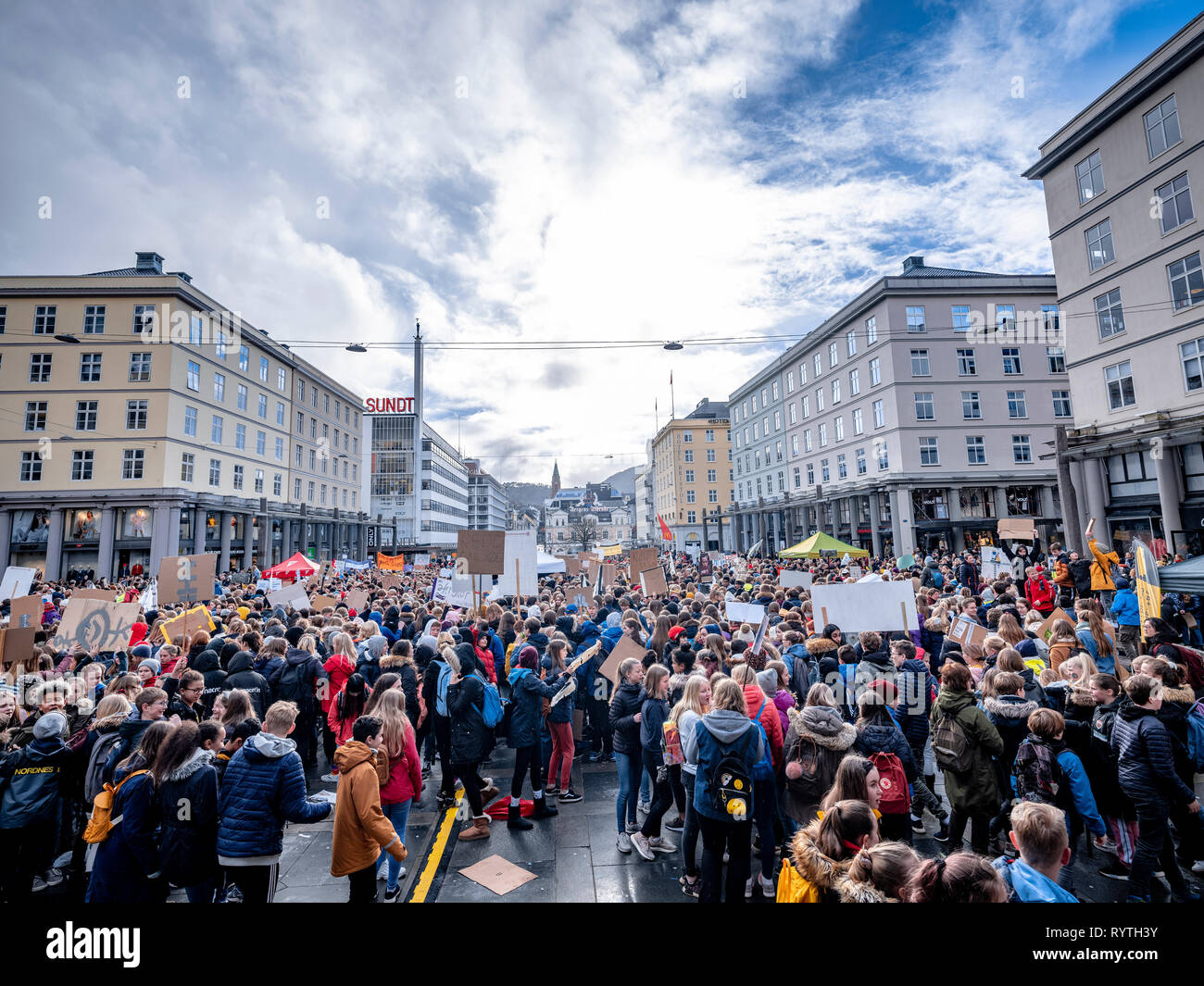 Bergen, Norway. 14th Mar, 2019. Norway, Bergen - March 14, 2019. Mass student climate change protest takes place at Torgallmenningen in Bergen. (Photo Credit: Gonzales Photo/Alamy Live News Stock Photo