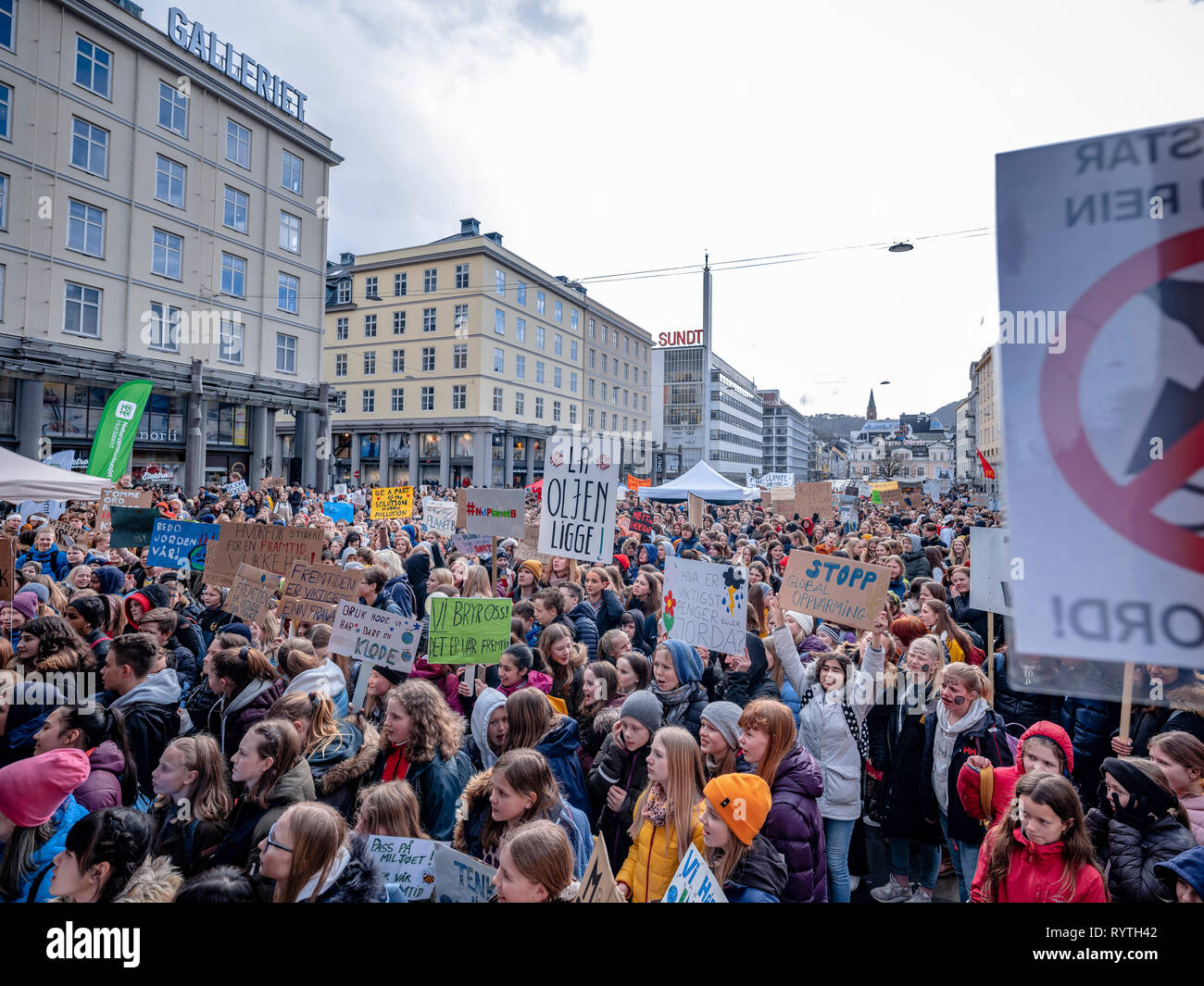 Bergen, Norway. 14th Mar, 2019. Norway, Bergen - March 14, 2019. Mass student climate change protest takes place at Torgallmenningen in Bergen. (Photo Credit: Gonzales Photo/Alamy Live News Stock Photo