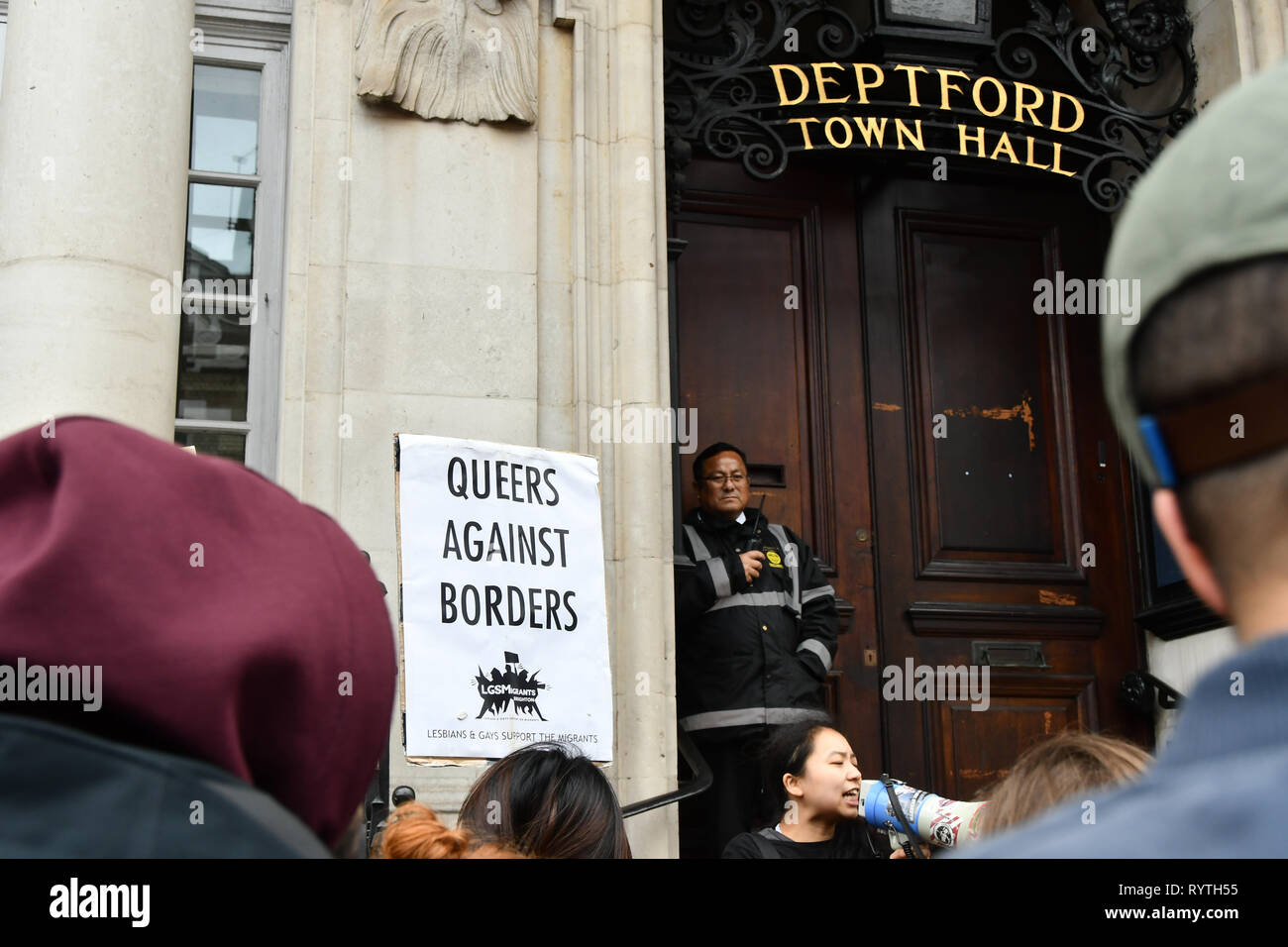 London, UK. 15th Mar 2019. Protesters of Goldsmiths Anti-Racist Action take action occupied Deptford Town Hall building, Education Officer Hamna Imran was attacked at election week, faced racist abuse— with graffiti mocking her accent and her banner being stripped down. Shame on the UK demon-cracy racism year in year oppresses of all minority. Credit: Picture Capital/Alamy Live News Stock Photo