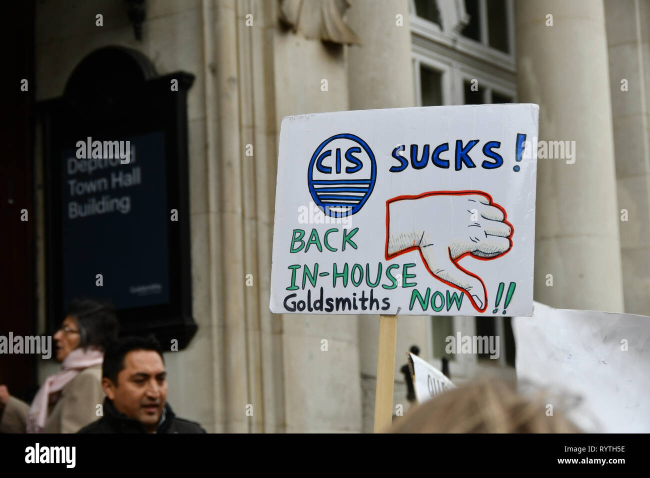 London, UK. 15th Mar 2019. Protesters of Goldsmiths Anti-Racist Action take action occupied Deptford Town Hall building, Education Officer Hamna Imran was attacked at election week, faced racist abuse— with graffiti mocking her accent and her banner being stripped down. Shame on the UK demon-cracy racism year in year oppresses of all minority. Credit: Picture Capital/Alamy Live News Stock Photo