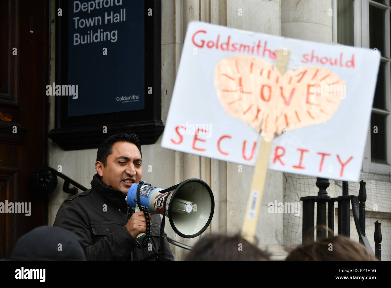 London, UK. 15th Mar 2019. Protesters of Goldsmiths Anti-Racist Action take action occupied Deptford Town Hall building, Education Officer Hamna Imran was attacked at election week, faced racist abuse— with graffiti mocking her accent and her banner being stripped down. Shame on the UK demon-cracy racism year in year oppresses of all minority. Credit: Picture Capital/Alamy Live News Stock Photo