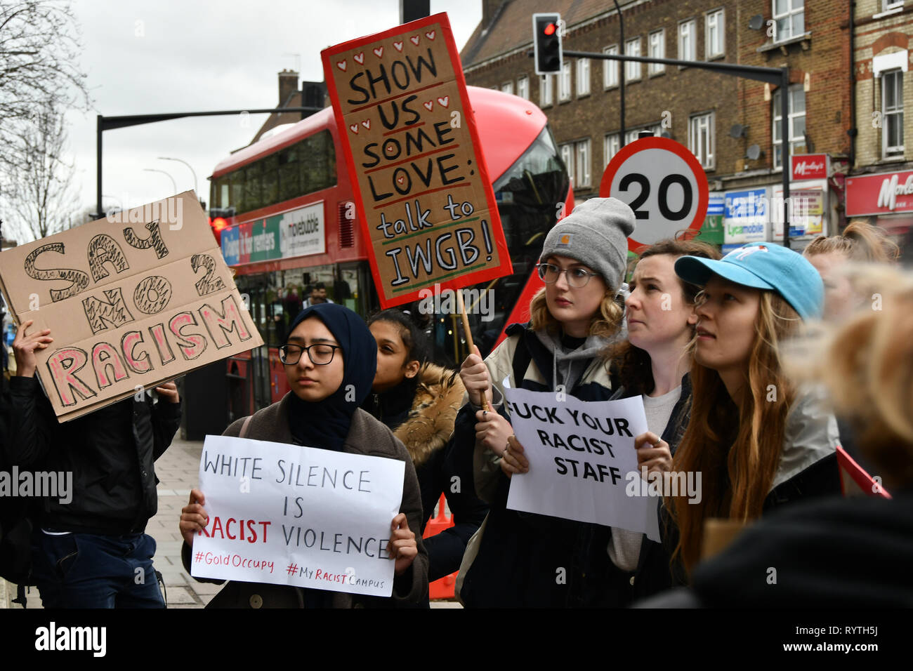 London, UK. 15th Mar 2019. Protesters of Goldsmiths Anti-Racist Action take action occupied Deptford Town Hall building, Education Officer Hamna Imran was attacked at election week, faced racist abuse— with graffiti mocking her accent and her banner being stripped down. Shame on the UK demon-cracy racism year in year oppresses of all minority. Credit: Picture Capital/Alamy Live News Stock Photo