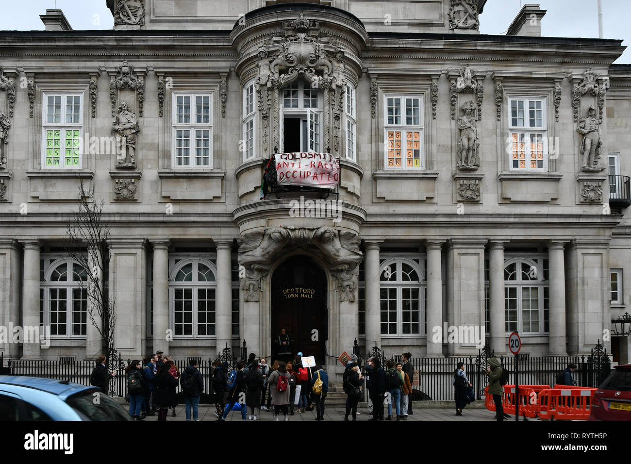 London, UK. 15th Mar 2019. Protesters of Goldsmiths Anti-Racist Action take action occupied Deptford Town Hall building, Education Officer Hamna Imran was attacked at election week, faced racist abuse— with graffiti mocking her accent and her banner being stripped down. Shame on the UK demon-cracy racism year in year oppresses of all minority. Credit: Picture Capital/Alamy Live News Stock Photo