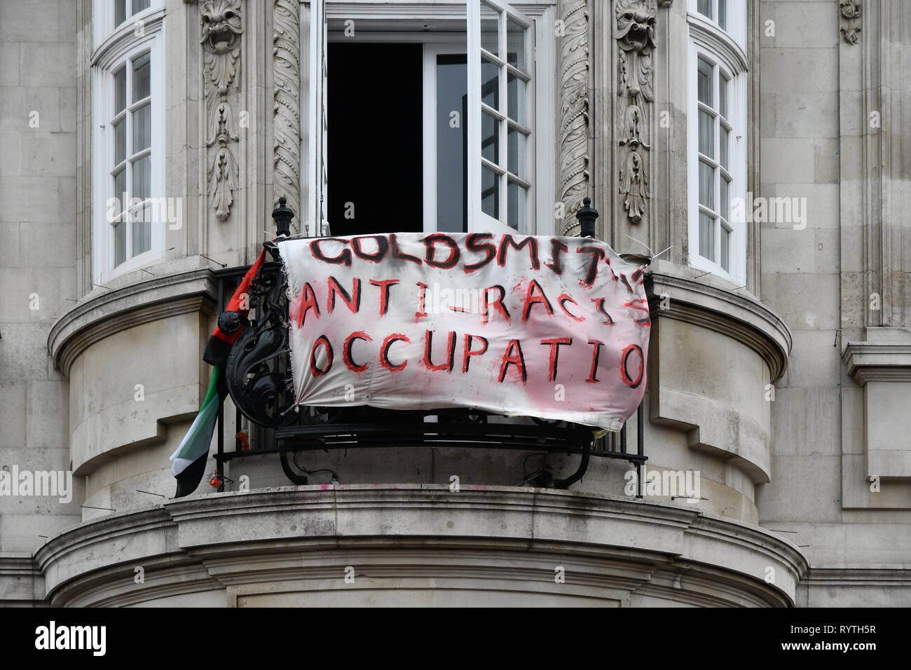 London, UK. 15th Mar 2019. Protesters of Goldsmiths Anti-Racist Action take action occupied Deptford Town Hall building, Education Officer Hamna Imran was attacked at election week, faced racist abuse— with graffiti mocking her accent and her banner being stripped down. Shame on the UK demon-cracy racism year in year oppresses of all minority. Credit: Picture Capital/Alamy Live News Stock Photo