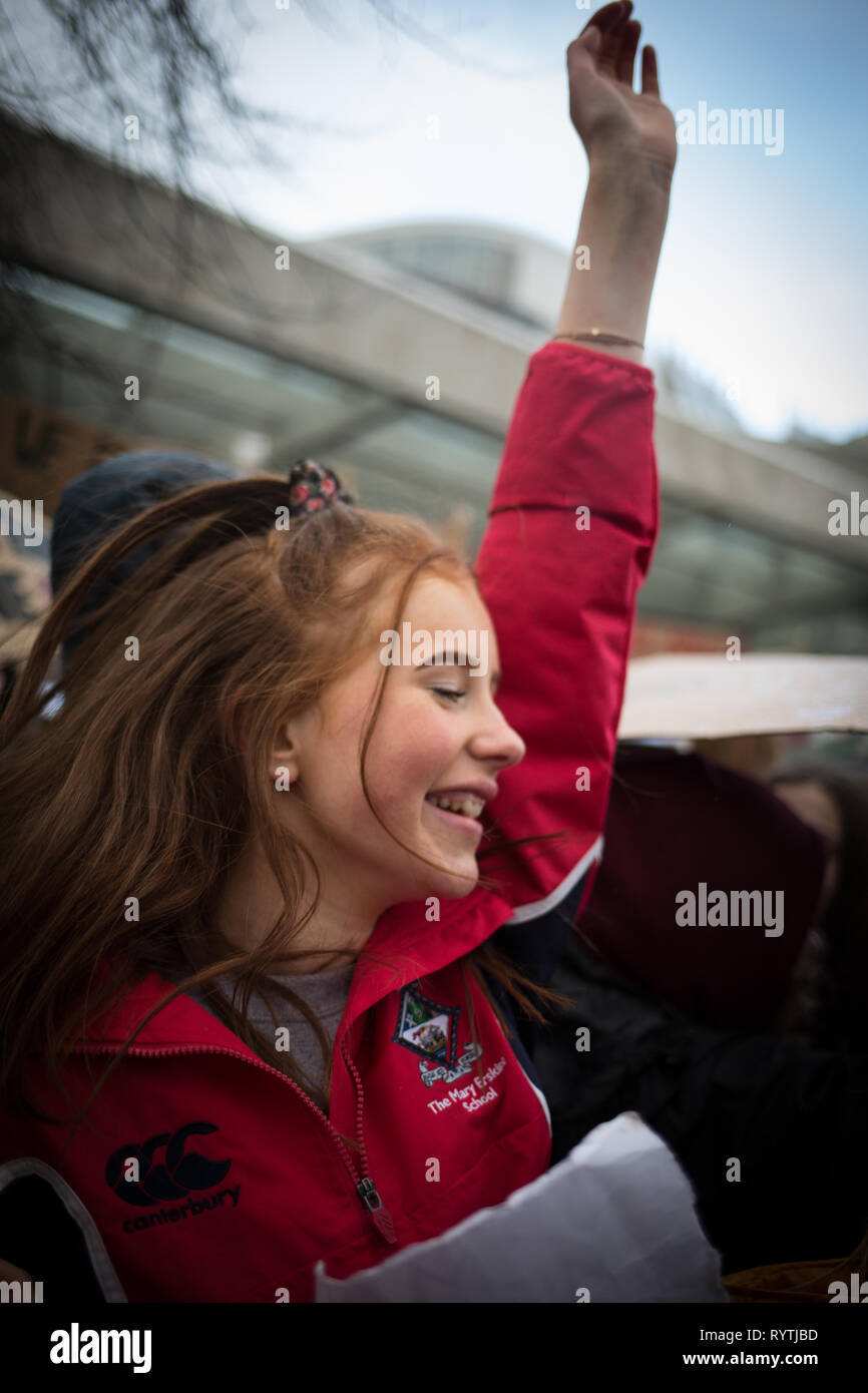 Edinburgh, Scotland, 15th March 2019. Youth Climate Strike demonstration takes place outside of the Scottish Parliament, in Edinburgh, Scotland, 15 March 2019. The Youth Climate Strike rallies, inspired by Swedish schoolchild and activist Greta Thunberg, are today taking place in more than 100 countries. Photo by: Jeremy Sutton-Hibbert/Alamy Live News. Stock Photo