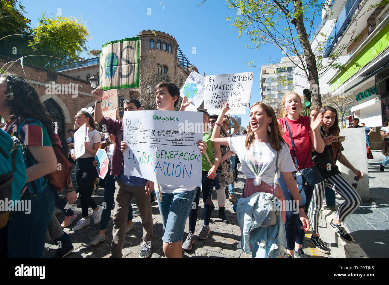 Seville, Spain. 15th Mar 2019. Hundreds of young people took to the street to join the Fridays for Future movement. Demanding that we change politics and save our planet. Worldwide on 16th March 2019 thousands of people marched for better climate policies. Credit: Claudia Wiens/Alamy Live News Stock Photo