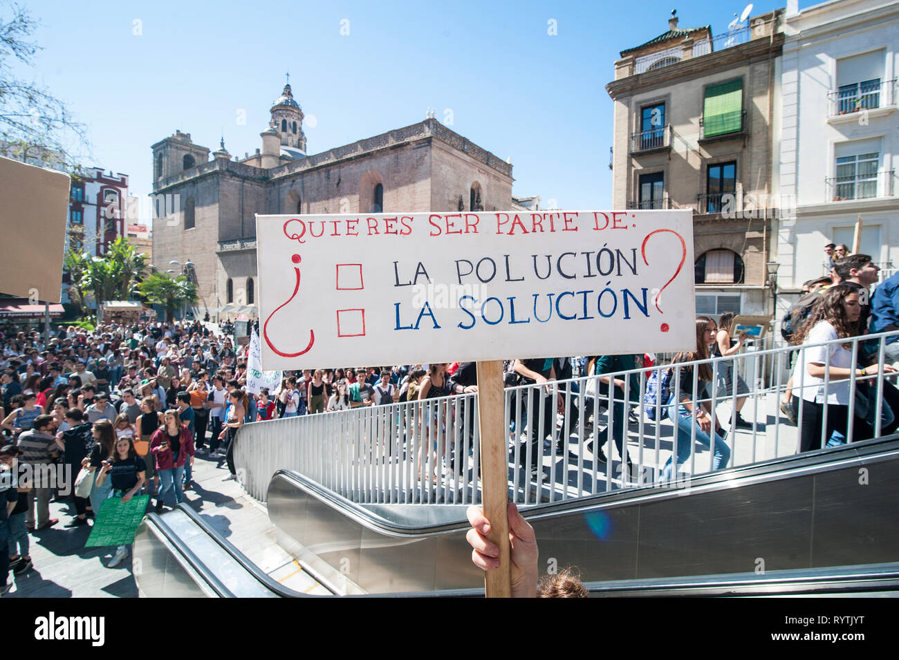 Seville, Spain. 15th Mar 2019. Hundreds of young people took to the street to join the Fridays for Future movement. Demanding that we change politics and save our planet. Worldwide on 16th March 2019 thousands of people marched for better climate policies. Credit: Claudia Wiens/Alamy Live News Stock Photo