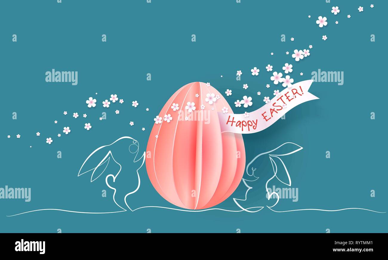 Happy Easter card. Cute hand drawn rabbits with paper cut egg and ...