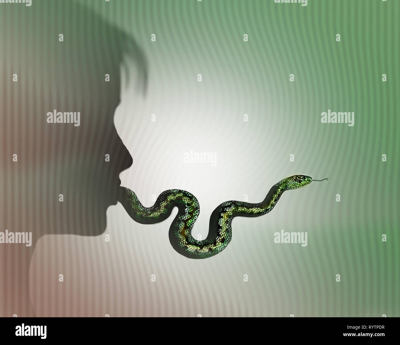 Concept image of a young woman's profile with a snake as a tongue depicting harsh speech or lies Stock Photo