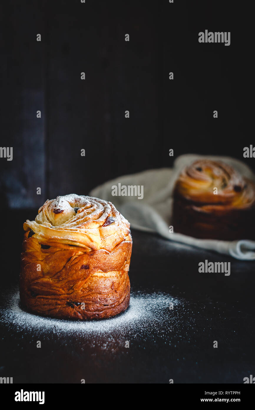 Easter cake kranch with icing sugar on a dark background. Stock Photo